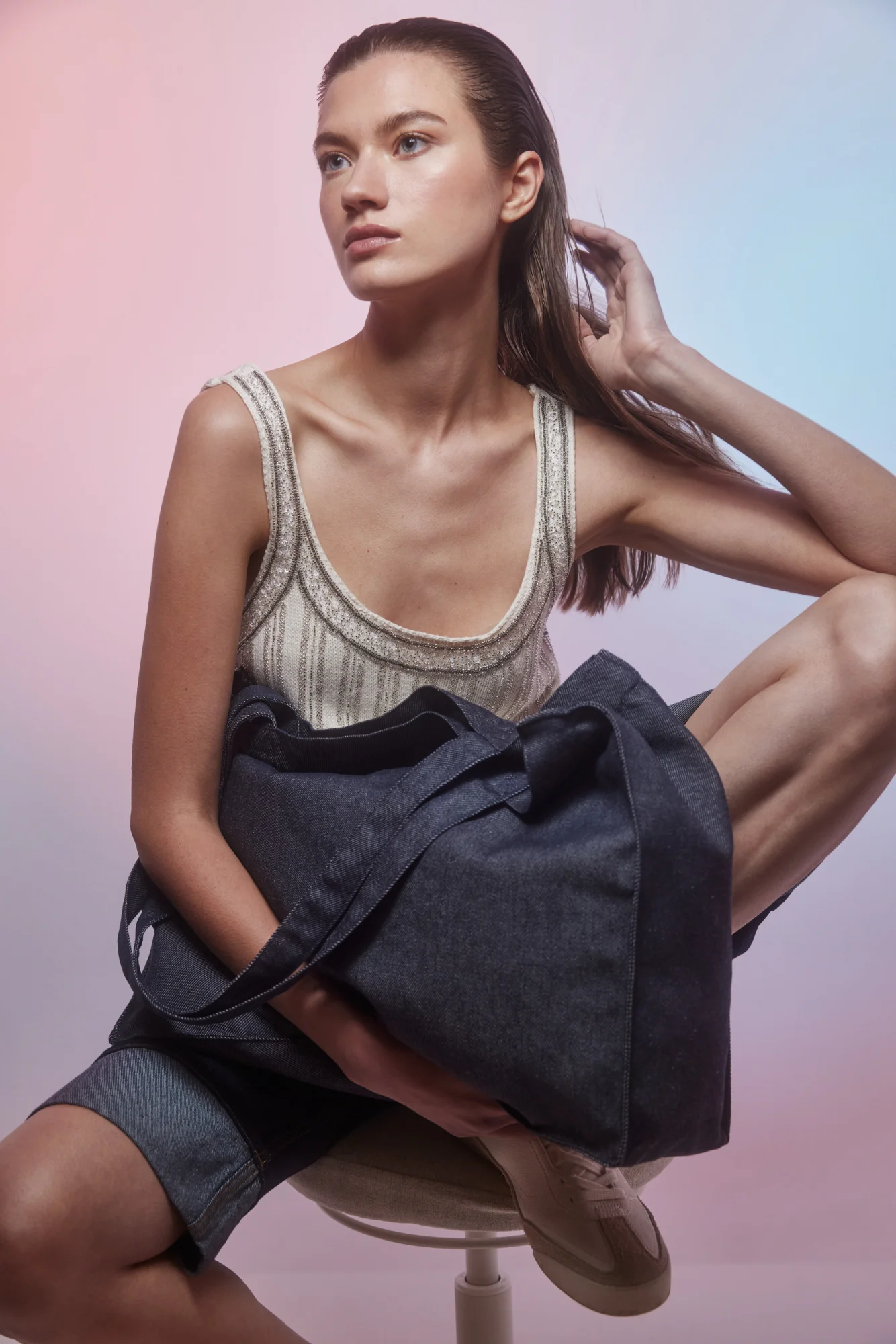 Kimood Grote shopper van denim