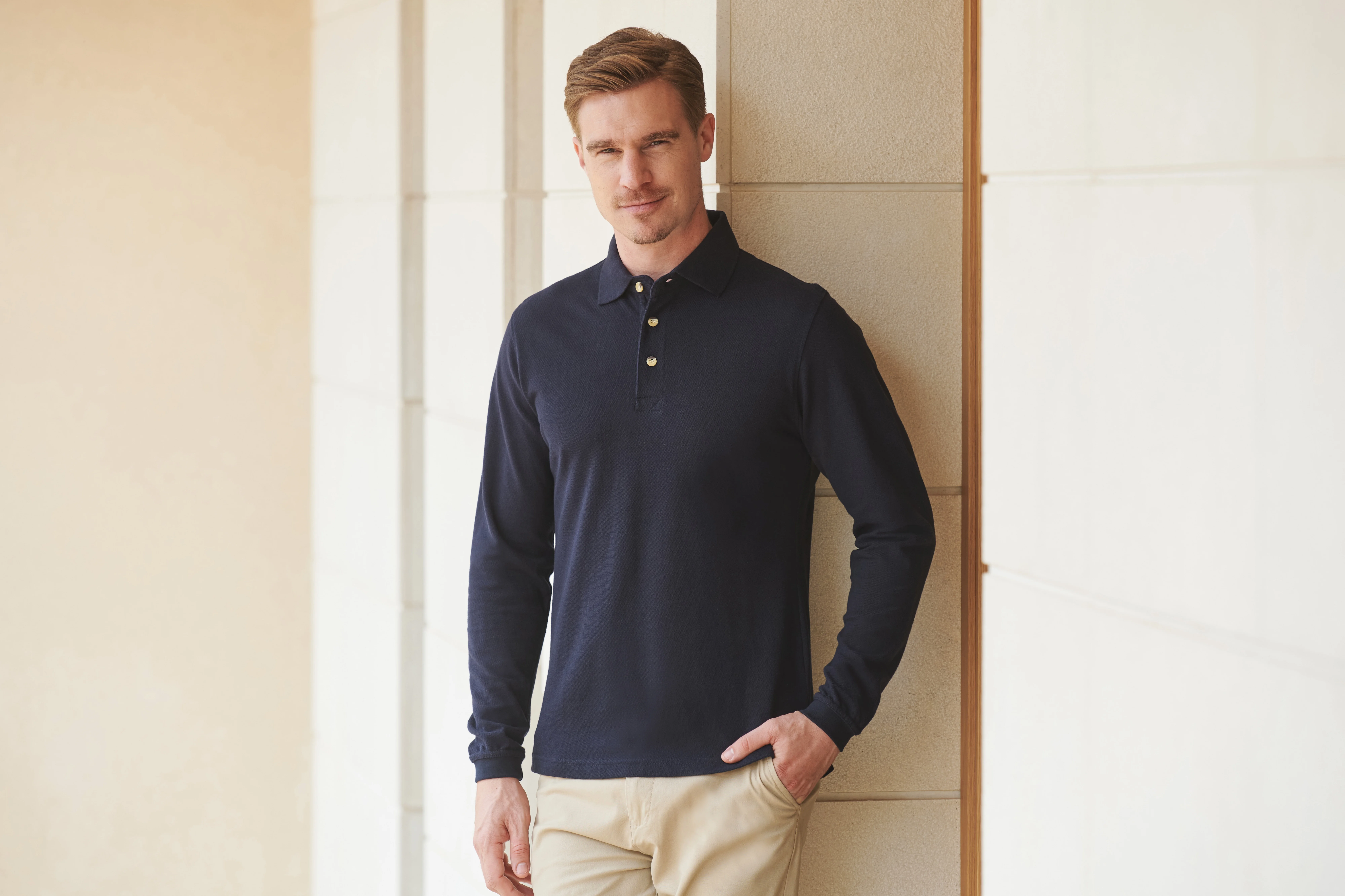 Long sleeve cotton polo shirt