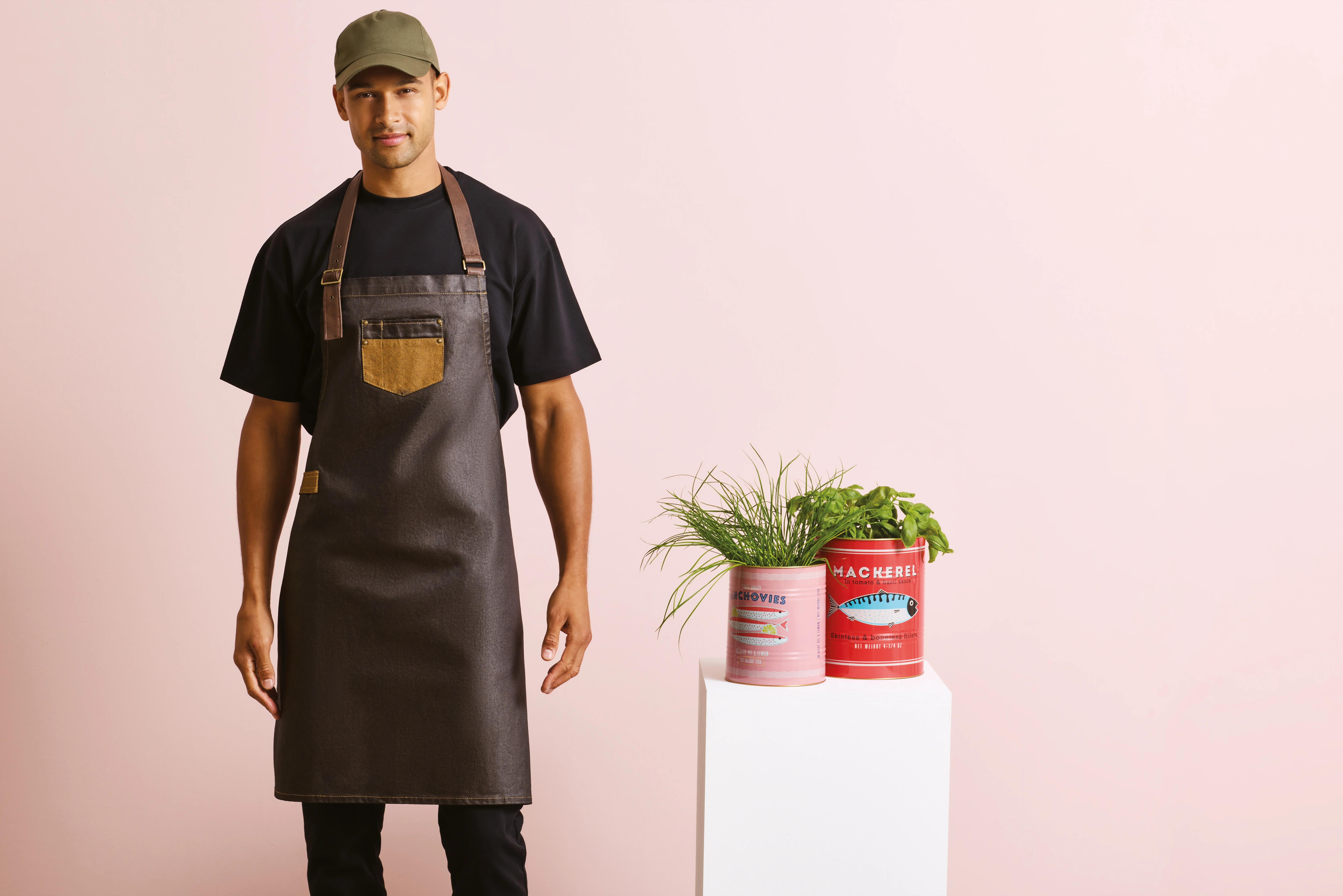 Premier Division - Waxed look denim bib apron with faux leather
